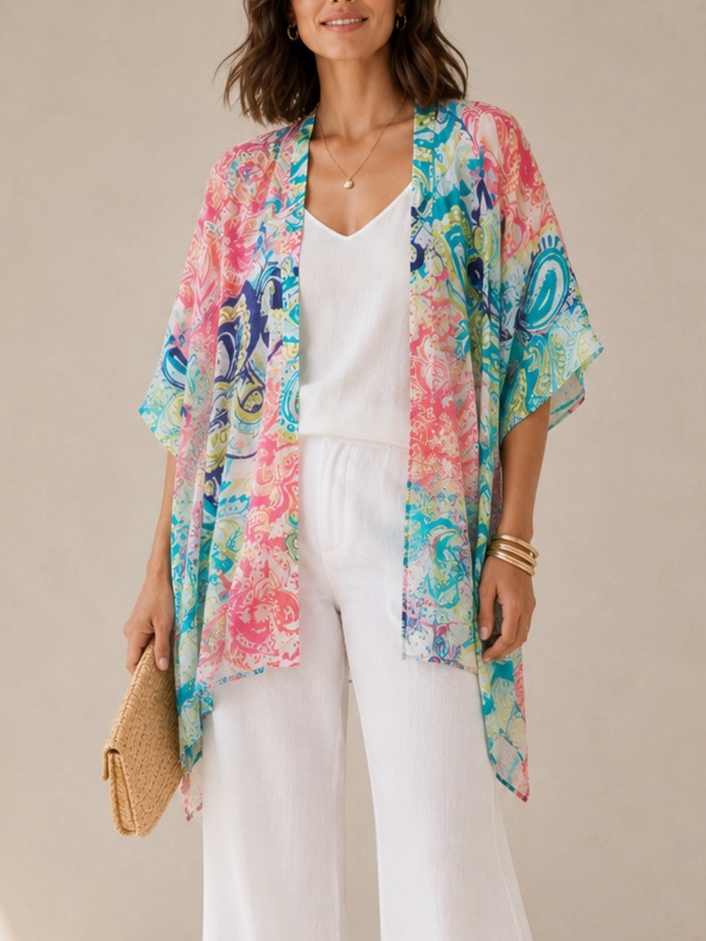 CHICO'S Linen Kimono Cardigan Top L XL Paisley Resort Beach Vacation Boho FLAW